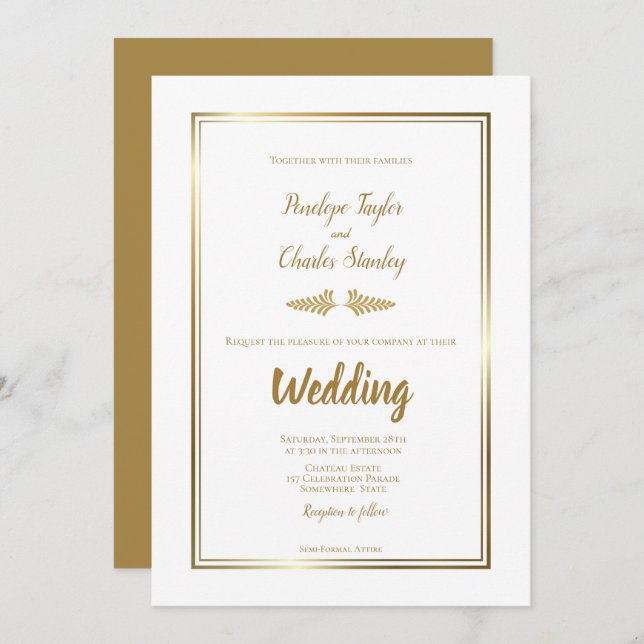 Wedding Invitation Elegant Gold Border (Front/Back)