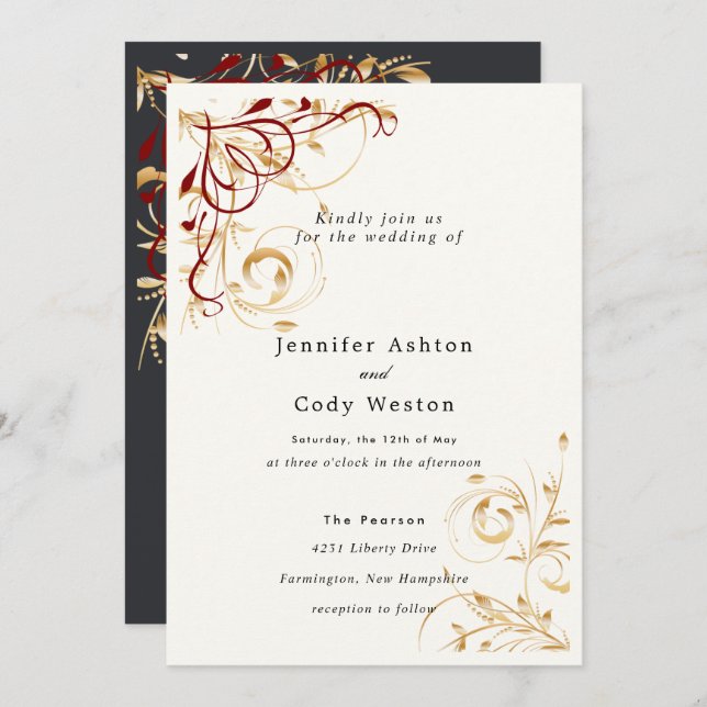 Wedding Invitation Elegant Gold Swirl Colour Choic (Front/Back)