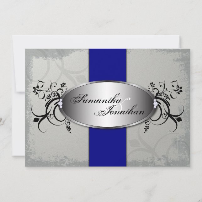 Wedding Invitation Elegant Grey Navy Blue Floral (Front)