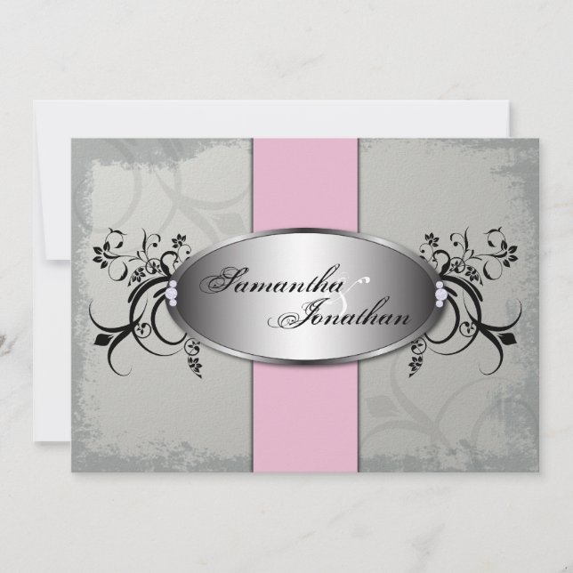 Wedding Invitation Elegant Grey Pink Aged Floral (Front)