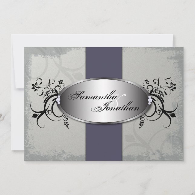 Wedding Invitation Elegant Grey Purple Aged Floral (Front)