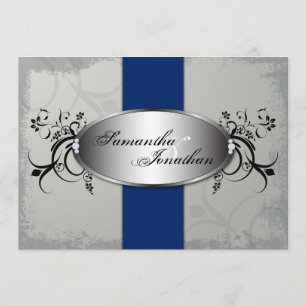 Wedding Invitation Elegant Grey Royal Blue Floral