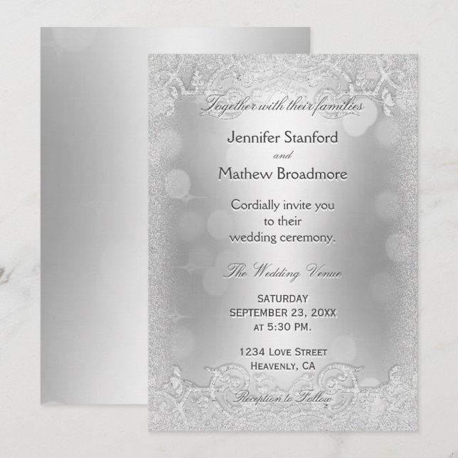 Wedding Invitation Elegant Silver Faux Glitter (Front/Back)