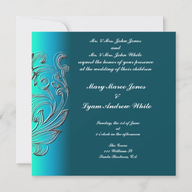 Wedding invitation Embossed look  Aqua Classic (Front)