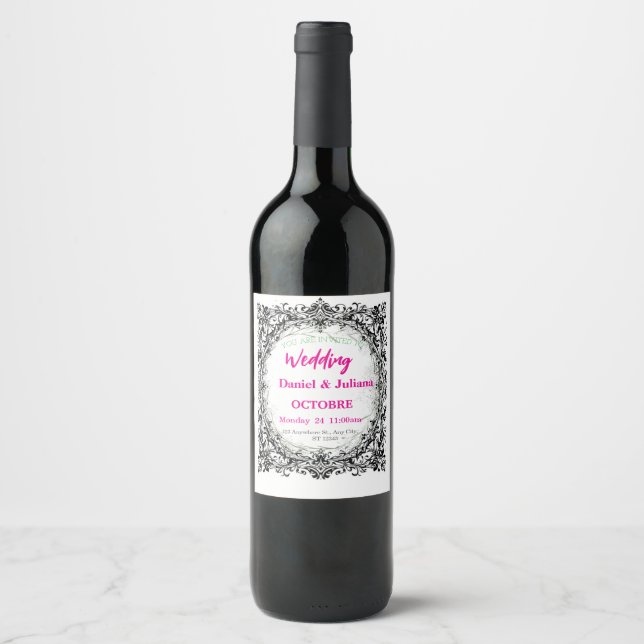 wedding, invitation, floral, pink, elegant, romant wine label (Front)
