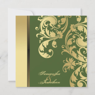 Wedding Invitation Forest Green Gold Floral Swirls