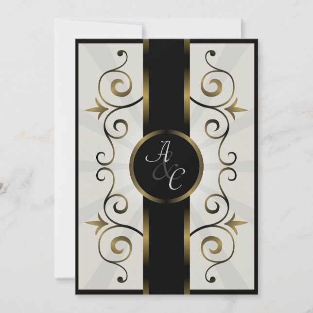 Wedding Invitation Gold Black Cream Elegant Spiral (Front)