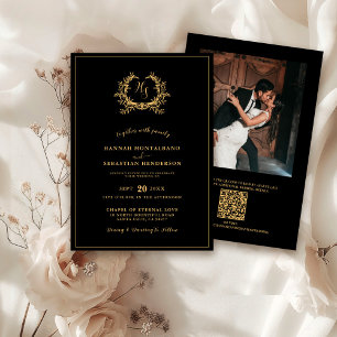 Wedding Invitation Gold Black Crest QR Monogram