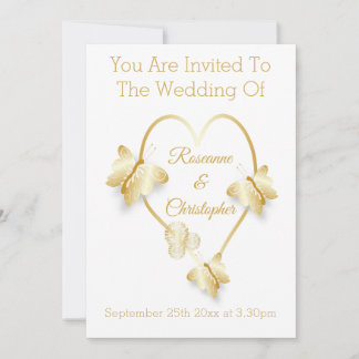 Wedding Invitation Gold Coloured Heart Butterfly