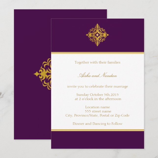 Wedding Invitation Gold & Purple (Front/Back)