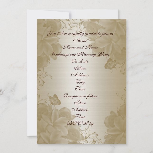 Wedding invitation gold satin plumeria (Front)