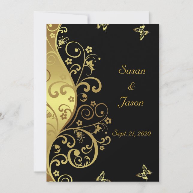 Wedding Invitation--Gold Swirls & Black 5x7 Invitation (Front)