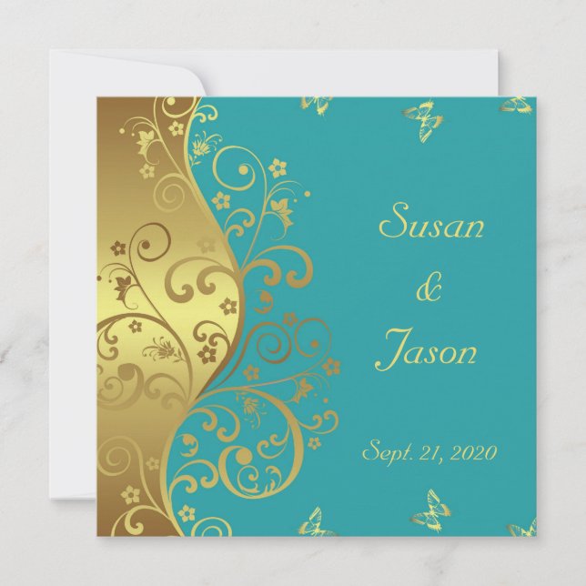 Wedding Invitation--Gold Swirls & Teal Invitation (Front)
