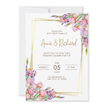 wedding invitation Golden frame pink flowers