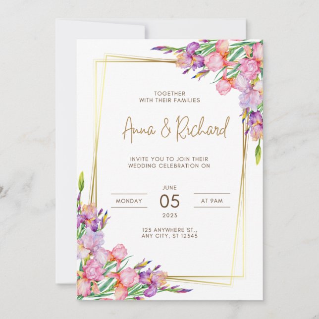 wedding invitation Golden frame pink flowers (Front)