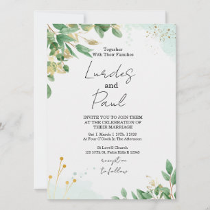 Wedding invitation green flowers with gold
