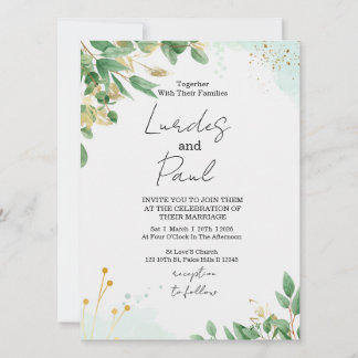 Wedding invitation green flowers with gold