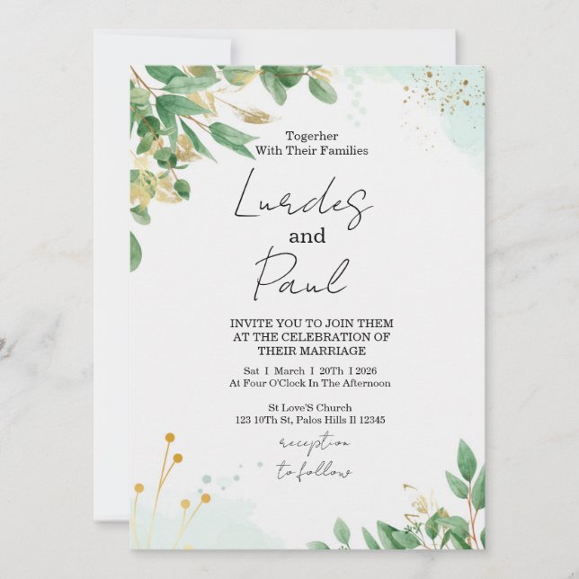  Wedding invitation  green flowers with gold (Front)