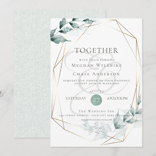 Wedding Invitation | Greyed Jade Green Botanical (Front/Back)