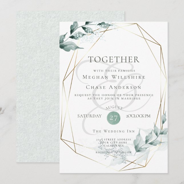 Wedding Invitation | Greyed Jade Green Botanical (Front/Back)