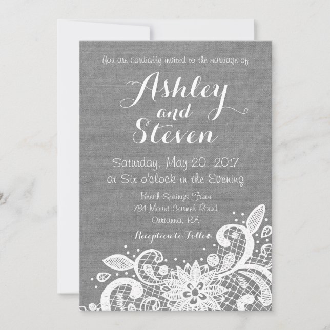 Wedding Invitation in Grey Burlap and Lace (Front)