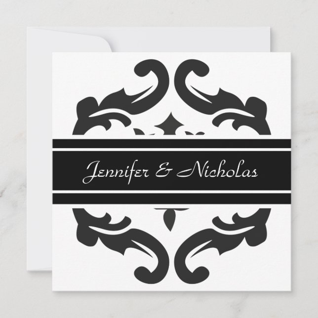 Wedding Invitation in Stylish Black & White Damask (Front)