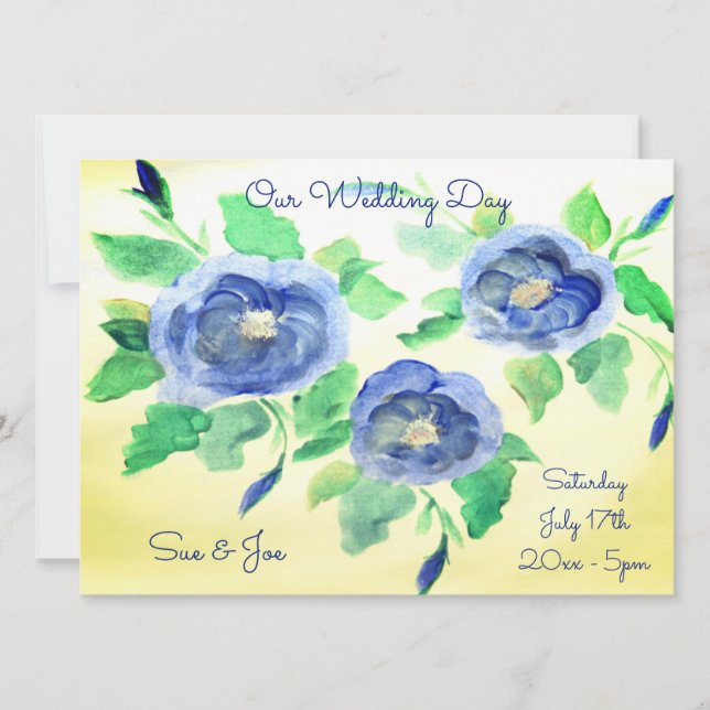 Wedding Invitation in Watercolour Blue Roses (Front)