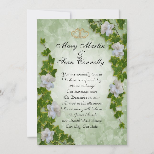 Wedding Invitation ivy border with gardenias (Front)