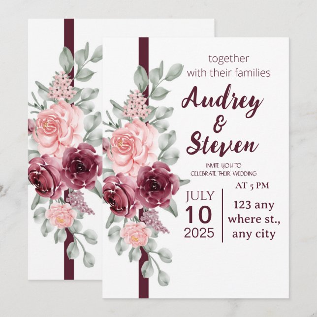 Wedding Invitation Magenta Line Ribbon Floral (Front/Back)