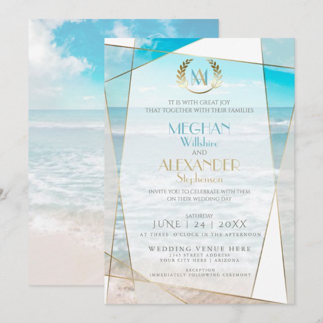Wedding Invitation | Modern Monogram Beach (Front/Back)