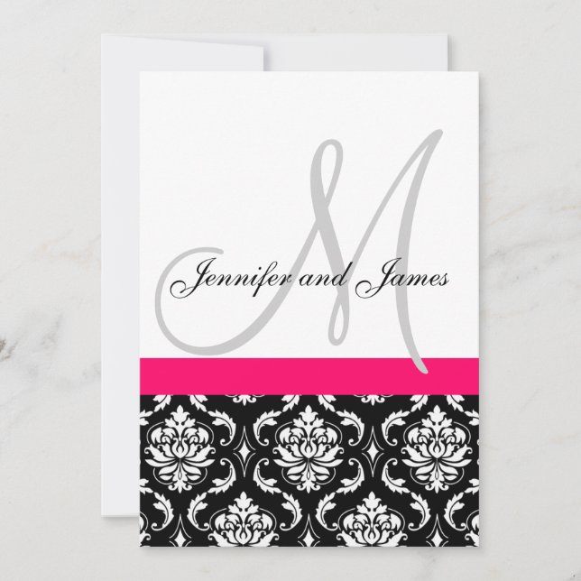 Wedding Invitation Monogram Black Hot Pink Damask (Front)