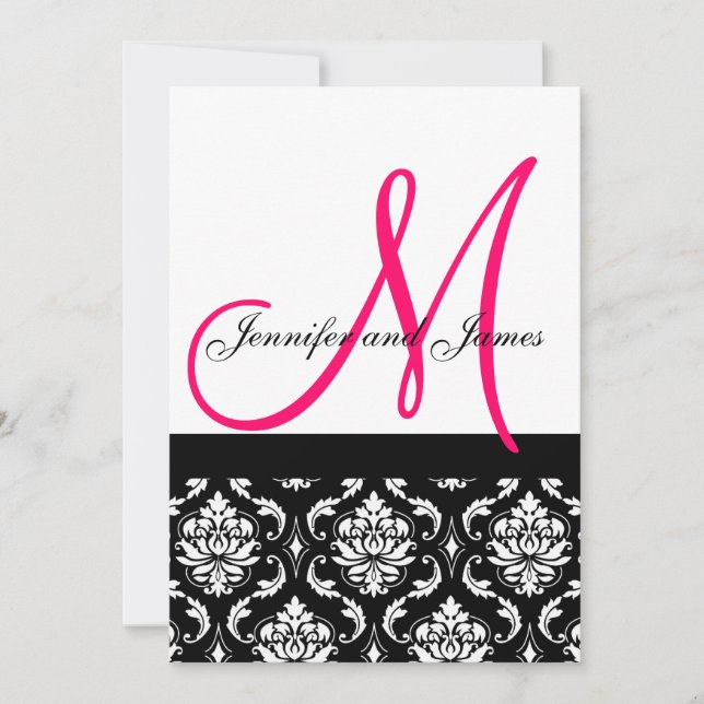 Wedding Invitation Monogram Black Pink Damask (Front)
