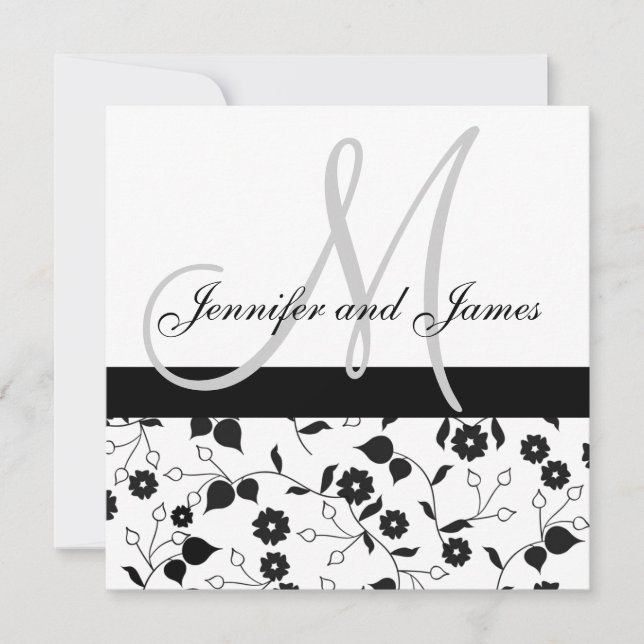 Wedding Invitation Monogram Black White Floral (Front)