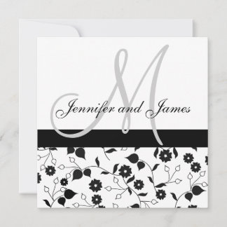 Wedding Invitation Monogram Black White Floral