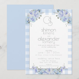 Wedding Invitation    Monogram Blue Gingham Floral