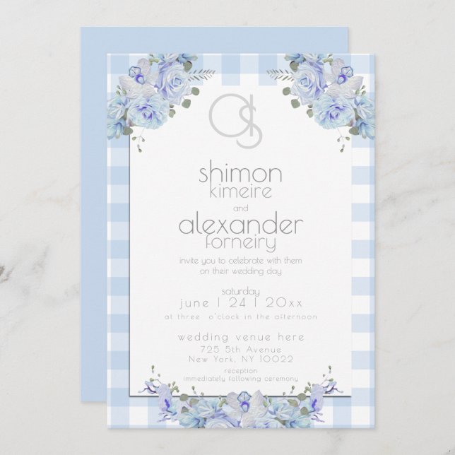 Wedding Invitation |  Monogram Blue Gingham Floral (Front/Back)