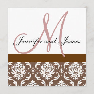 Wedding Invitation Monogram Brown Pink Damask
