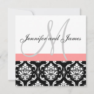 Wedding Invitation Monogram Coral  & White Damask