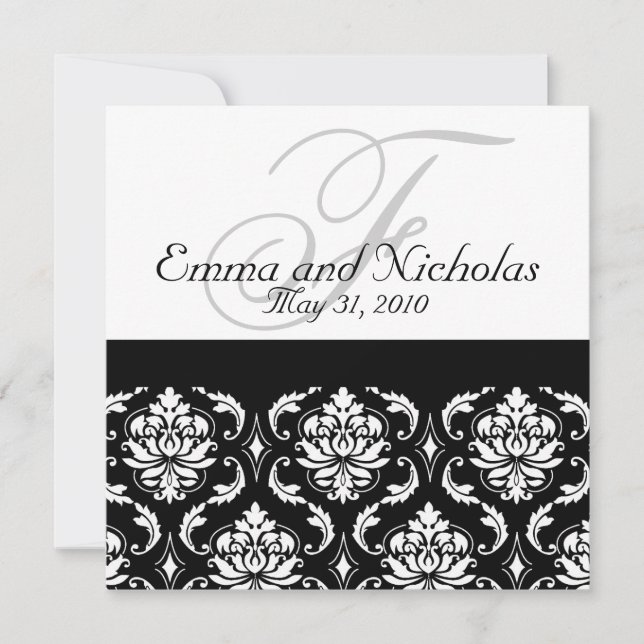 Wedding Invitation Monogram Damask Black & White (Front)