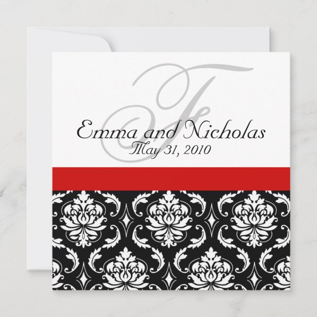 Wedding Invitation Monogram Damask Red Back View (Front)