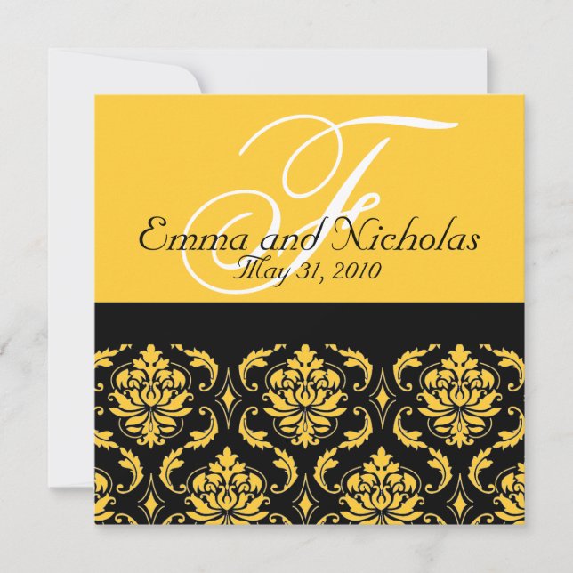 Wedding Invitation Monogram Damask Yellow Back (Front)