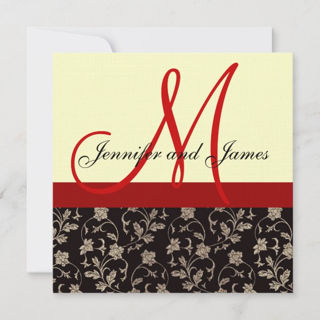 Wedding Invitation Monogram Floral Red Cream Black (Front)