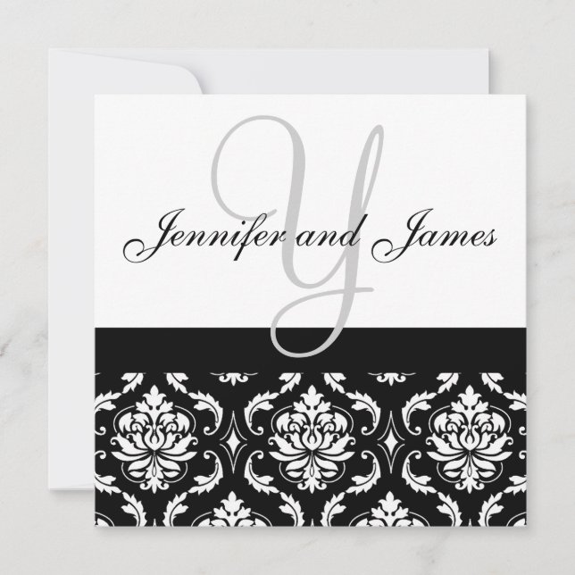 Wedding Invitation Monogram Names Black Damask (Front)