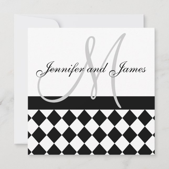 Wedding Invitation Monogram Names Black Harlequin (Front)
