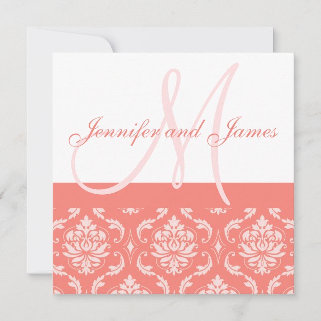 Wedding Invitation Monogram Names Coral Damask (Front)