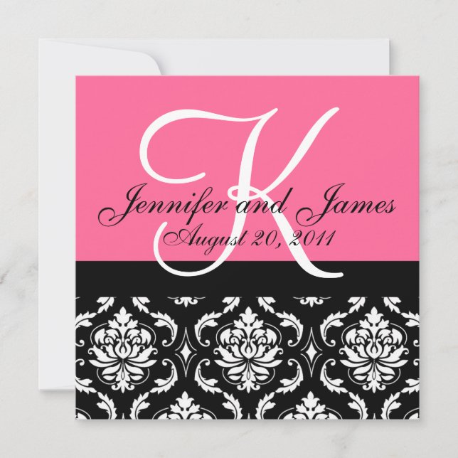 Wedding Invitation Monogram Names Date Pink Damask (Front)