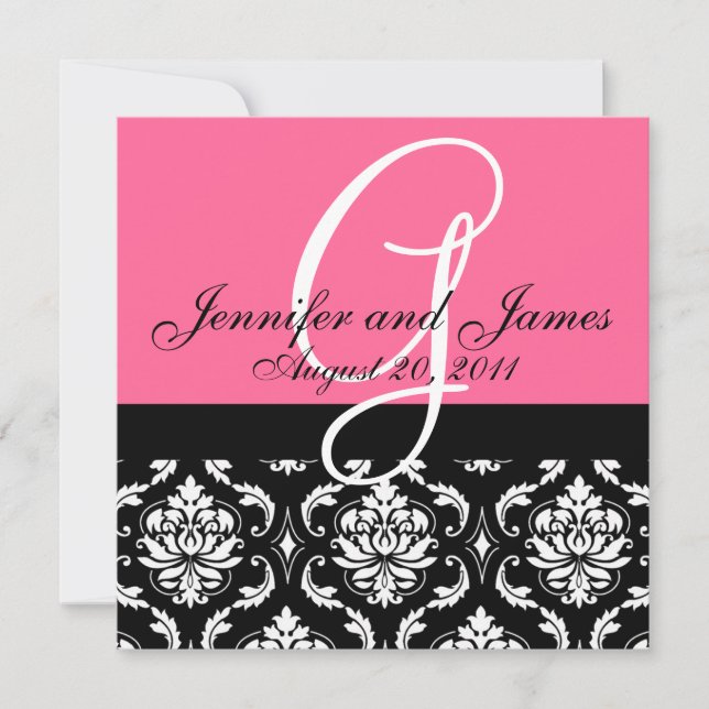 Wedding Invitation Monogram Names Date Pink Damask (Front)