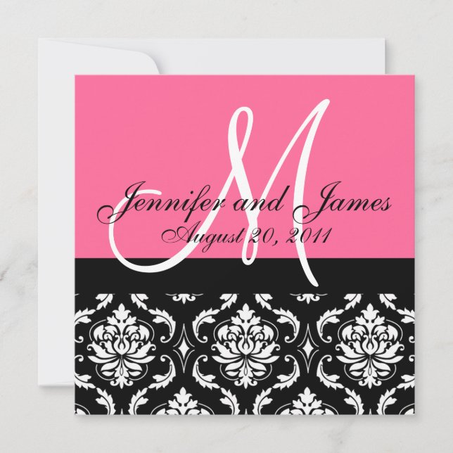 Wedding Invitation Monogram Names Date Pink Damask (Front)