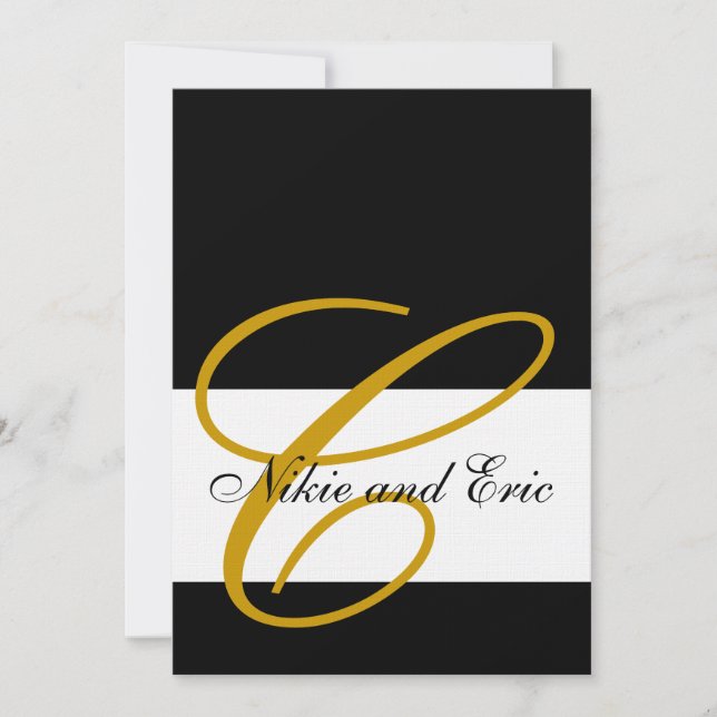 Wedding Invitation Monogram Names Gold Black White (Front)