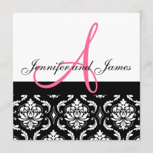 Wedding Invitation Monogram Names Hot Pink Damask